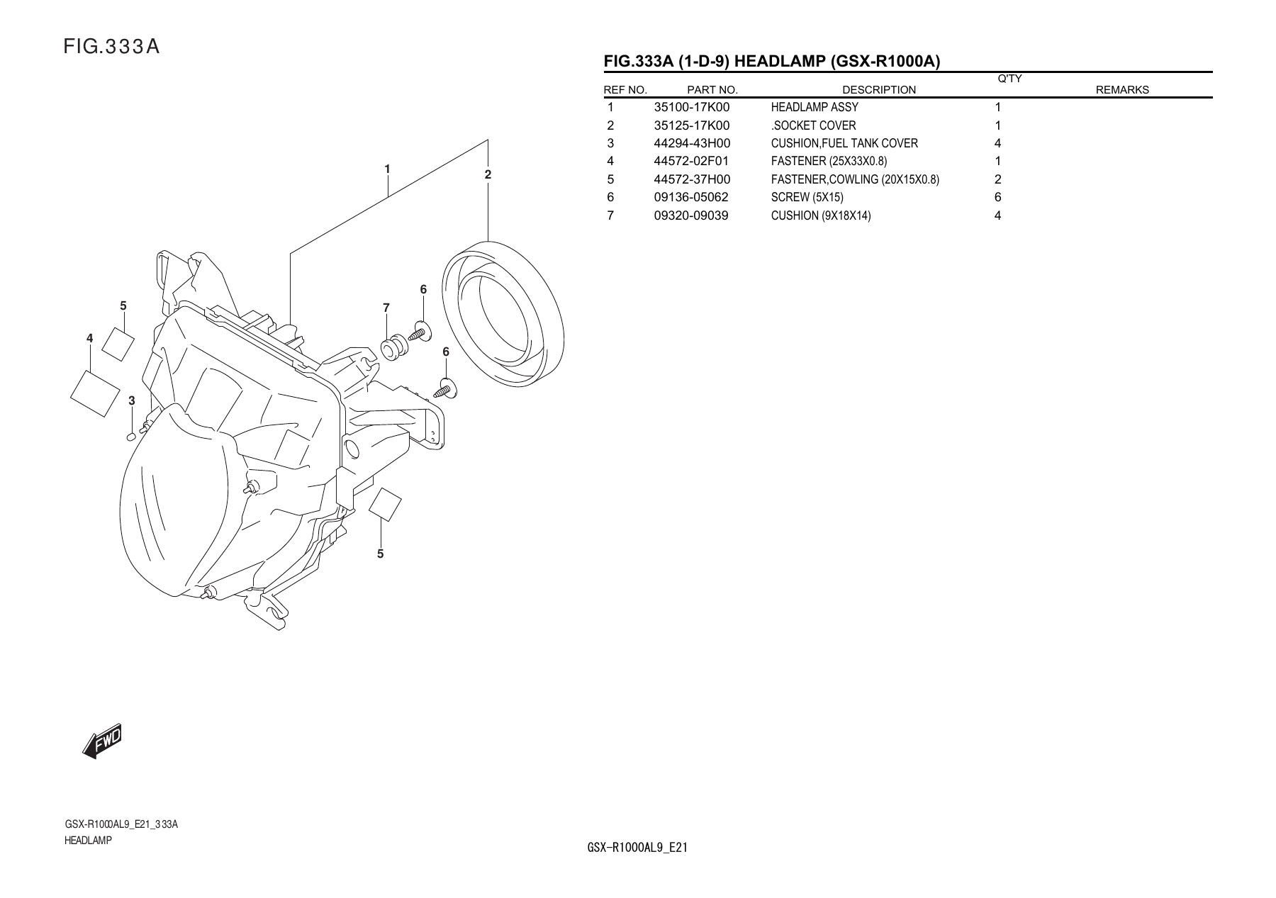 Suzuki GSX-R1000A L9 E21 headlamp diagram showing lamp housing, cover, cushions and fasteners, figure 333A